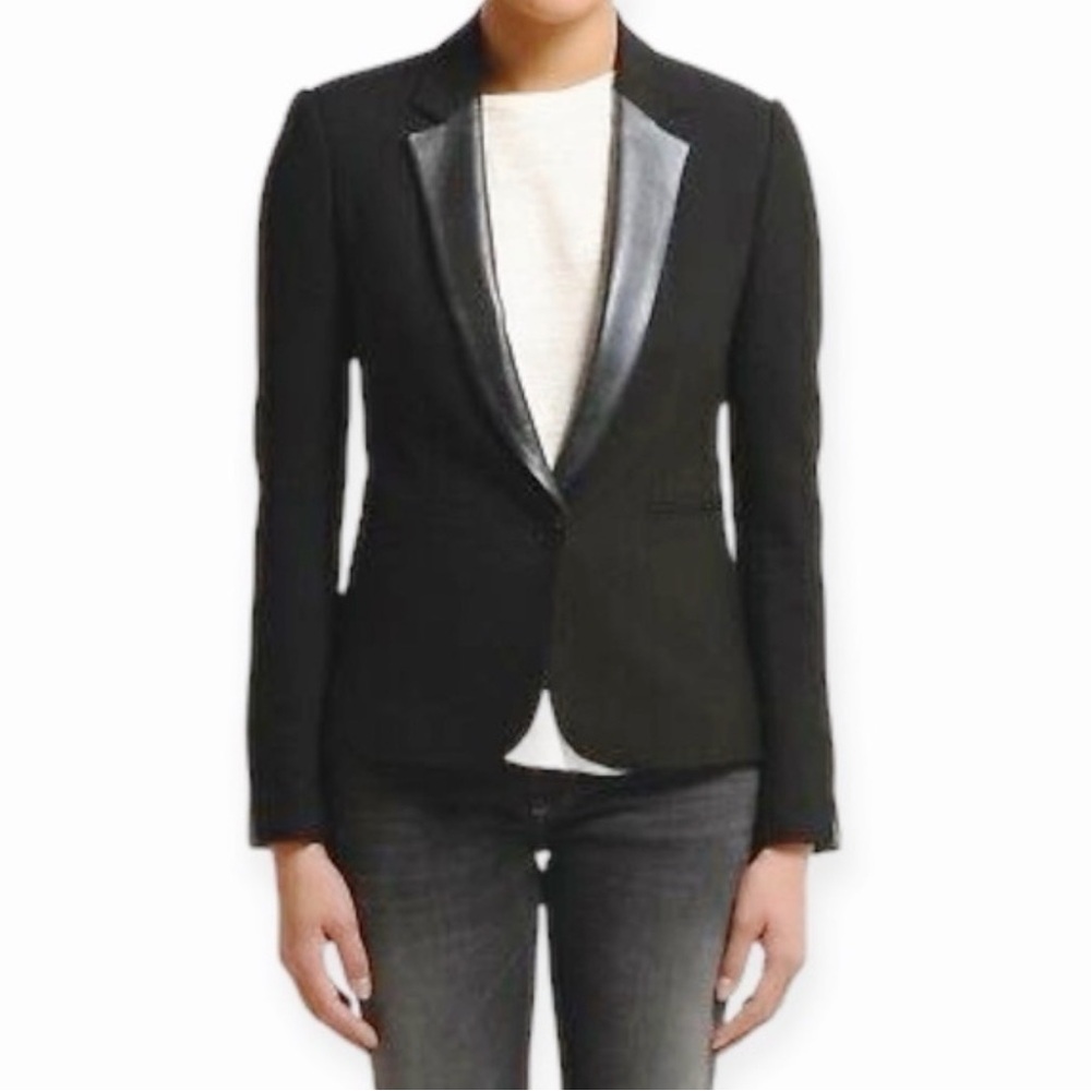 Maje Ritz Black Blazer with Lamb Leather Trim